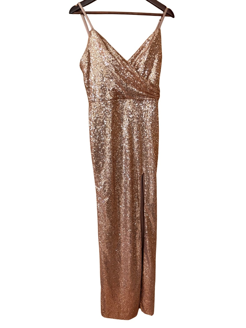Revelry Rose Gold Sequin Maxi Skirt with Side Slit Detail